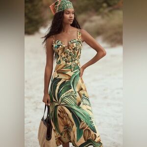 Anthropologie Farm Rio Bananart Flowered Sleeveless Sweetheart Linen Midi Dress